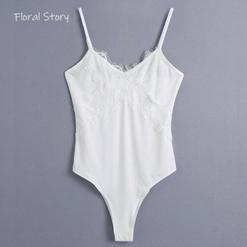 Sexy Bodysuits Rompers FLORAL STORY Sleeveless Ladies Skinny Playsuits Lace Top Overalls 2021 Women Spaghetti Strap Jumpsuits