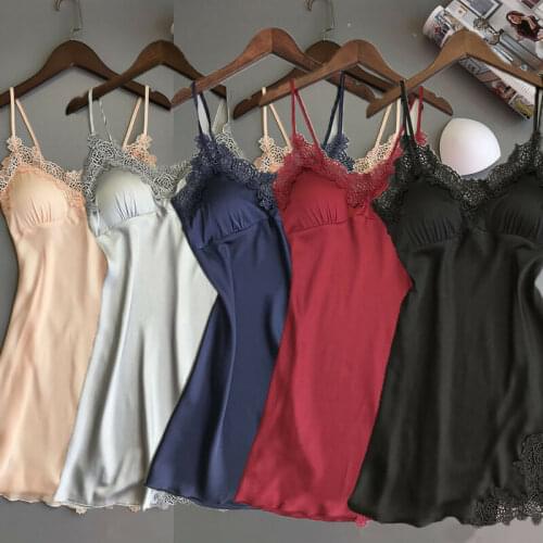 Womens Sexy Lingerie Silk Nightgown Summer Dress Lace Night Dress Sleepwear Babydoll Nightie Satin Homewear Chest Pad Nightwear