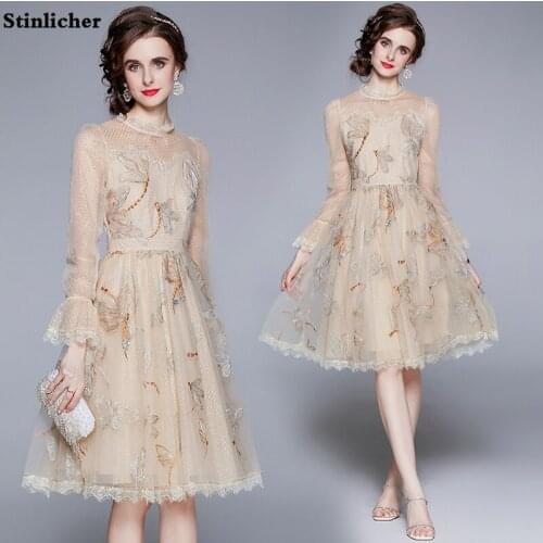 Fashion Dragonfly Embroidered Plaid Mesh Dress Women Spring Autumn Long Sleeve Stand Collar Lace Party Dress Ladies Midi Dresses