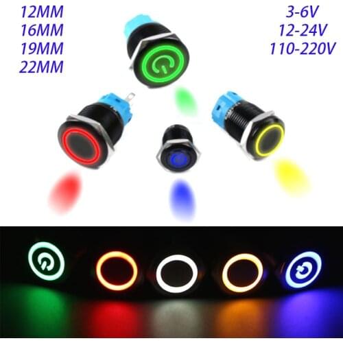 Black push button switch 12/16/19/22mm waterproof lighting led light glossy metal momentary switch with power mark 5v 12v 24v