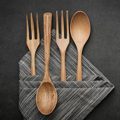 2pcs/set Wooden Solid Color Spoon Fork Cookware Set For Household Restaurant