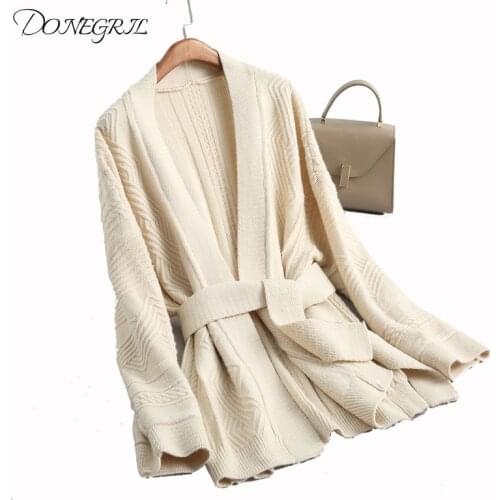 2020New Women Exquisite Twist Design Long Sleeve With Waistband Knitted Cardigan Ladies Warm Open Stitch Sweater Outwear