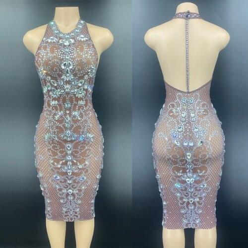 Sparkly Rhinestones Stage Costume Sexy Halter Backless Dress Nightclub Prom Singer Performance Clothing Evening Dresses VDB4011