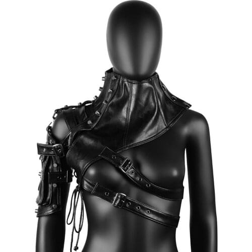 Black Pocketed Leather High Collar One Shoulder Rock Gothic Armor Sleeve Steampunk Clothing Vintage Clothes Corset Accessories