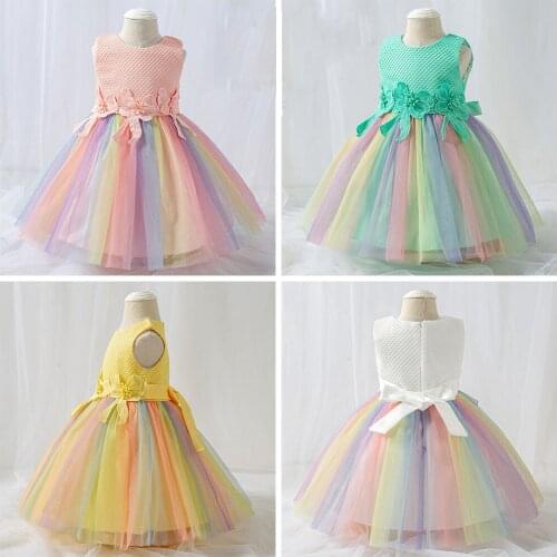 FOCUSNORM 0-24M Newborn Baby Girls Party Dress Rainbow Mesh Sleeveless Embroidery Back Lace Up Waist Bow Dress