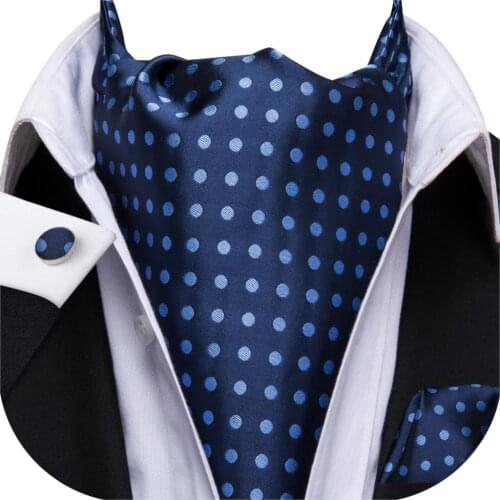 Hi-Tie Ascot Tie for Men Silk Cravat Dots Neck Tie Cufflinks Set Navy Blue Tie for Wedding Party Wholesale AS-1011