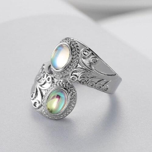 Natural Stone Moonstone Ring Exaggerated Carved Punk Style Ring Birthstone Wedding Engagement Jewelry Size 6-10