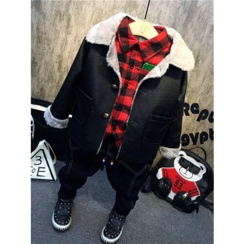 Fashion Baby Boys Clothing Sets Winter Cotton Warm Kids Suits Children Clothes Sets Fleece leather +shirt+ thick jeans 3pcs set