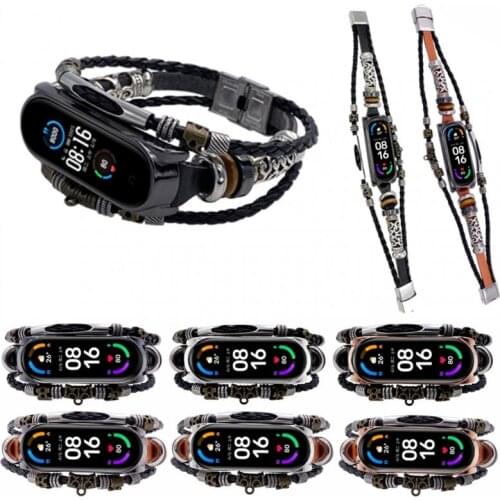 Fashion Retro Strap For Xiaomi Mi Band 5 6 Leather Replacement Beading Bracelet Miband 5 6 Weave Rope Wristband