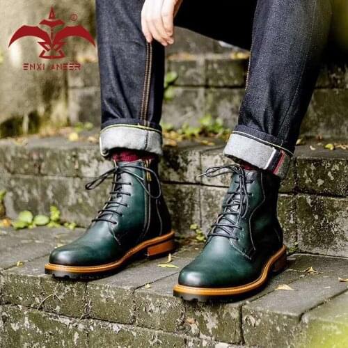 ENXI ANEER Genuine Leather Boots Men Chelsea Motorcycle Marten Boots мужские ботинки Military Shoes in Patina Green Color
