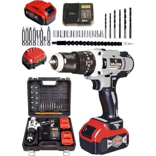 German 58 V 5 Ah 13 Mm Metal Chuck Percussion Double Cordless screwdriver Drill + 27 Track Pro Set Gray