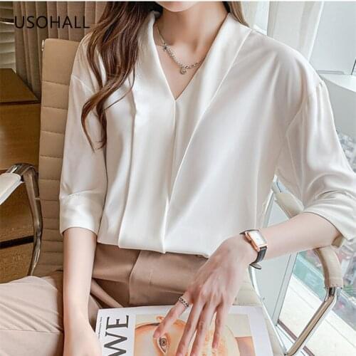 USOHALL New Women Temperament Loose Tops Solid V-Neck Shirts