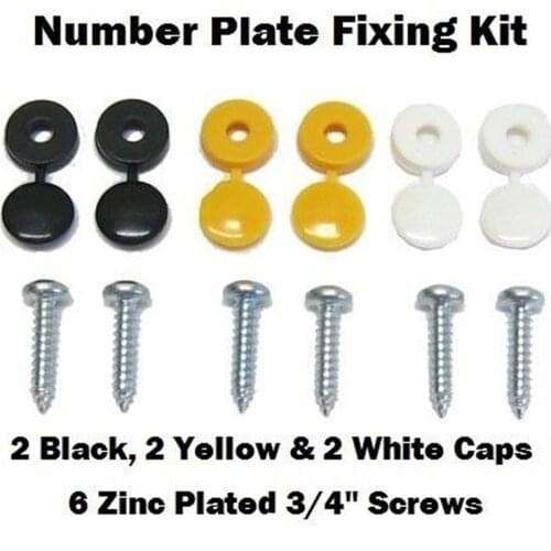 New High Quality 6Pcs Car Number Plate Fixing Fitting Kit Screws And Caps Convenient Durable Black White Yellow Caps#294009