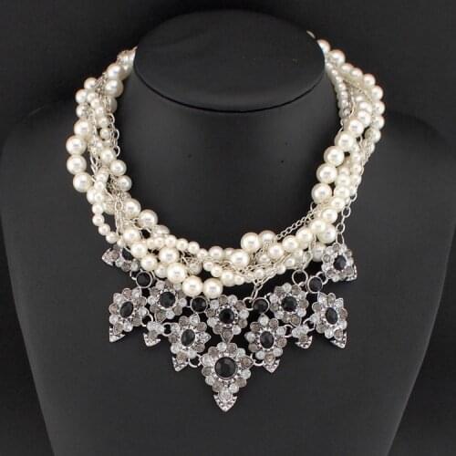 UKMOC Silver Color Chunky Chain Weave Imitation Pearl Collar Chokers Fashion Rhinestones Pendants Statement Necklaces #2733