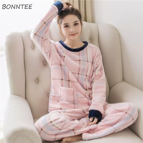 Pajama Sets Womens Print Thicker Flannel Winter Ladies Nightclothes 2 Piece Comfortable Warm Plus Velvet Kawaii Daily Home Ins