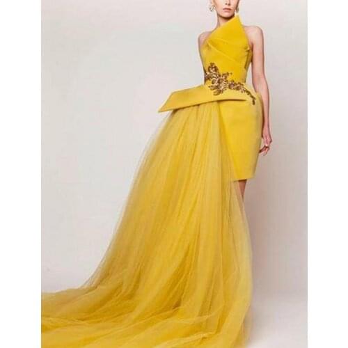 Yellow Prom Gowns Unique Design Sheath Strapless 3D Flower Appliques Evening Gowns Long Formal Party Runway Fashion Dress