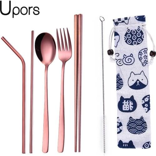 UPORS Portable Stainless Steel Dinnerware Set Reusable Cutlery for Travel Cutlery Fork Spoon Knife Set with Cloth Pack 7Pcs/Set