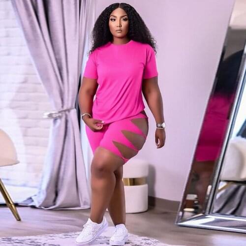 Plus Size Two Piece Set Women Summer Clothes 2021 Casual Tracksuit T-shirt Top Cut Out Shorts Sets Streetwear 2 Piece Outfits