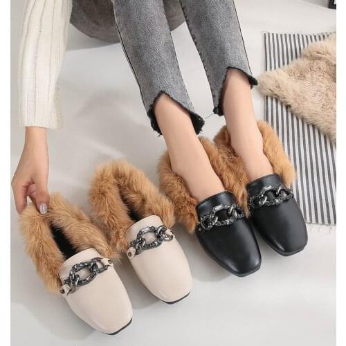 Crystal chain furry loafers women pu square toe winter moccasins turn-over slip on flats trendy rabbit hair ballet shoes woman