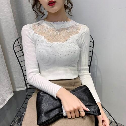 Mesh Lace Half-Collar Knitted Sweater Top Long-Sleeved Lace Sweater Womens Slim-Fit Sexy Cutout Diamond Women Sweater 95J