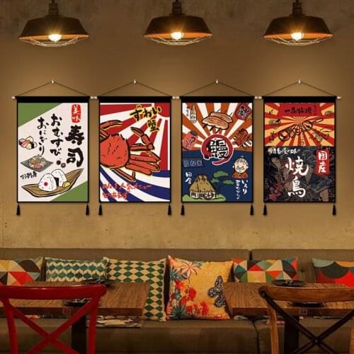 Japanese Wall Art Sushi Restaurant Painting Canvas Posters Home Decor Solid Wood Hanging Scroll Painting Wall Decor Tapestry