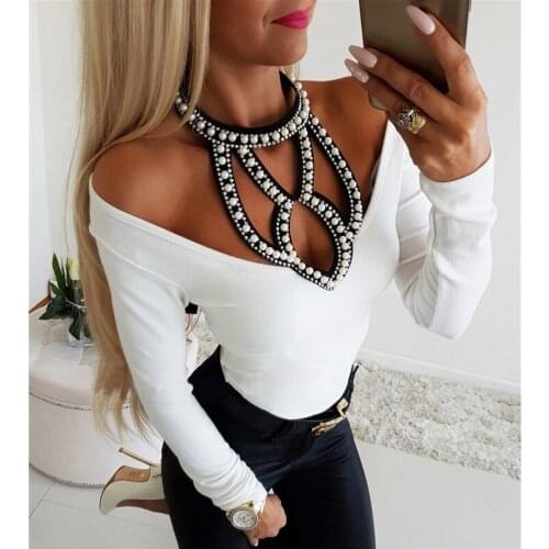 HIRIGIN Womens Cold Shoulder Long Sleeves Tee Ladies Sexy Hollow Slim Tops T-Shirt Beaded Hollow Tie Tights Tee