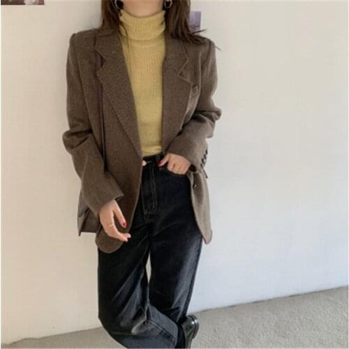 Vintage Womens Suit Jacket 2020 Korean Casual Notched Long Sleeve Oversized Blazers Female All Match Slim Coat Winter ZJL03