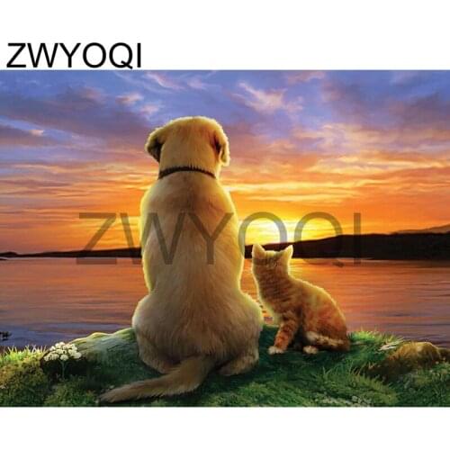 Full Square Diamond mosaic dog cat Sunset Sea 5D DIY Diamond painting dog cat Full Round Diamond embroidery Cross stitch dog cat