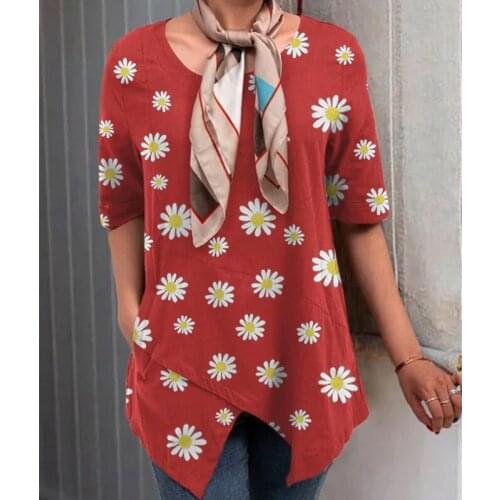 Cotton Linen Irregular Women Blouses Plus Size Flower Print Daisy Female Tunic Casual O Neck Half Sleeve 2020 Spring Blusa Shirt