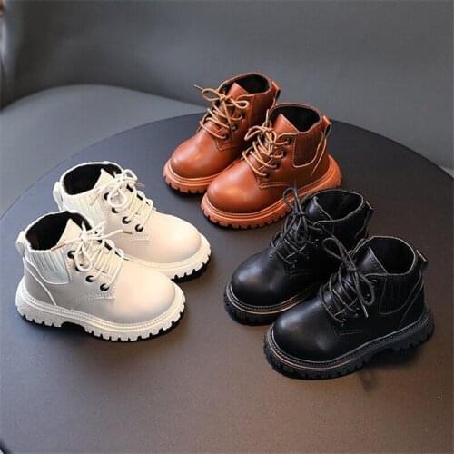 Toddler Girls And Boys Brown Martin Boots Size 21-30 Child Autumn And Spring White Leather Shoes Kids High-top Motorcycle Shoes