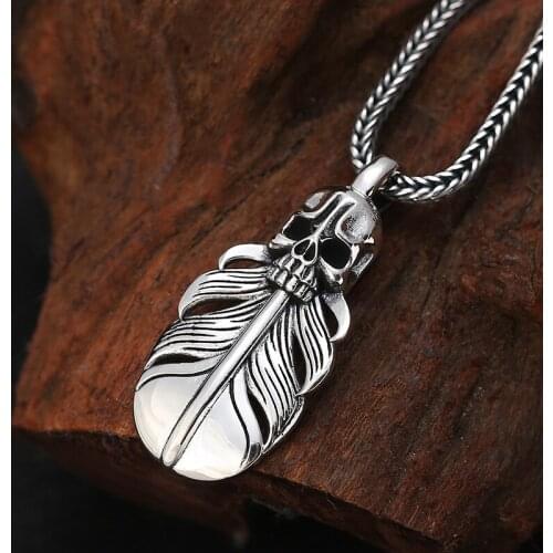 Pure925 Sterling silver Leaf fashion chain Feather Skull necklace pendant for man jewelry punk charm choker gothic Pendant Gift