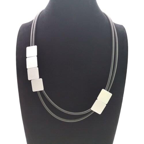 YD&YDBZ Double Layer Leather Rubber Short Necklace For Women Silver Color Geometry Sheet Matching Choker Accessories Necklaces