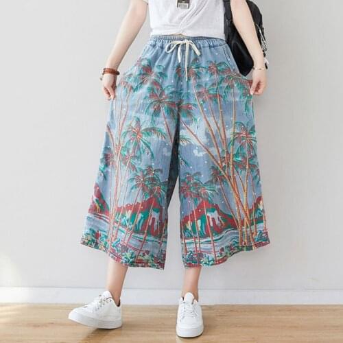 Johnature Summer New Retro Print Pockets Elastic Waist Denim Wide Leg Pants 2020 All-match Loose Leisure Women Lace Up Jeans