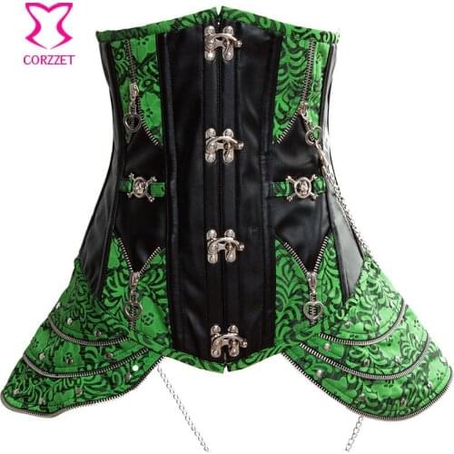 Steampunk Corsetto Women Green Underbust Sexy Waist Trainer Corset Burlesque Corsets And Bustiers Steel Boned Chest Binder