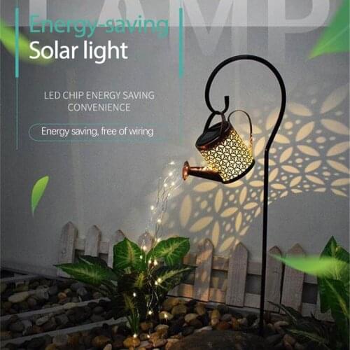 Wrought Iron Hollow Out Lamp Metal Solar Powered Watering Can Sprinkles Fairy Light LED Outdoor Waterproof Light Garden Decor