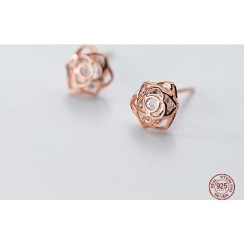 LKO 925 Sterling Silver Rose Flower With Zircon Crystal Stud Earrings for Women Simple Fashion Wedding Jewelry Accessories