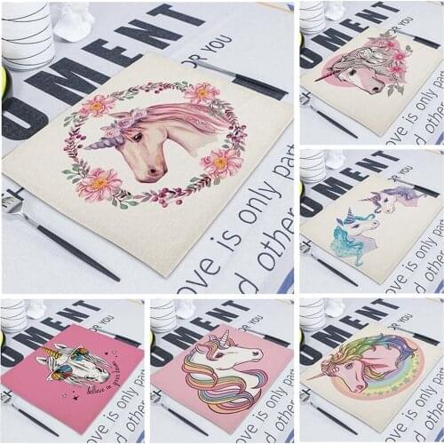 Cute Unicorn Linen Table Mat Cute Cartoon Animal Pattern Home Placemats for Children Kids Kitchen Dining Place Mats Pads Napkins
