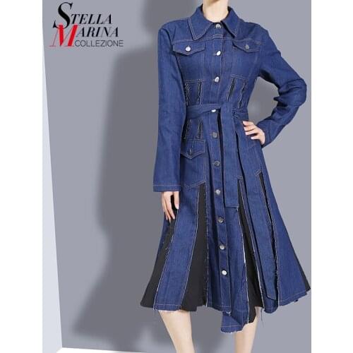 New Woman Blue Denim Patchwork Long Sleeve Sashes Autumn Shirt Dress Style Pockets A-Line Midi Lady Casual Wear Robe Femme 8498