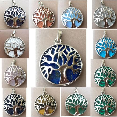Opal Malachite Aventurine Tiger Eye Howlite Crystal Lapis Lazuli Tiger Eye Life of Tree Round Pendant Bead 1pcs WFH832