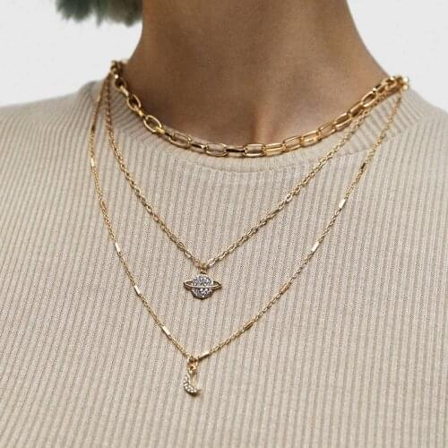 Necklace for Woman Alloy 3pcs/set Universe Starry Sky Moon Pendant Multilayer Necklace Clavicle Chain Fashion Charm Jewelry