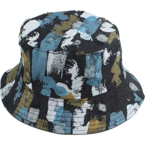 Graffiti Painted Denim Bucket Hats For Women Men Summer Panama Hat Vintage Washed Cotton Bucket Cap Beach Sun Fisherman Hat