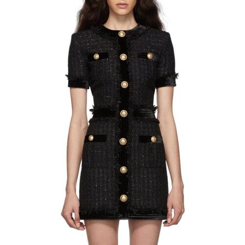 Spring autumn Womens high quality short sleeves tweed dress Chic elegant slim fit dress for Lady B511