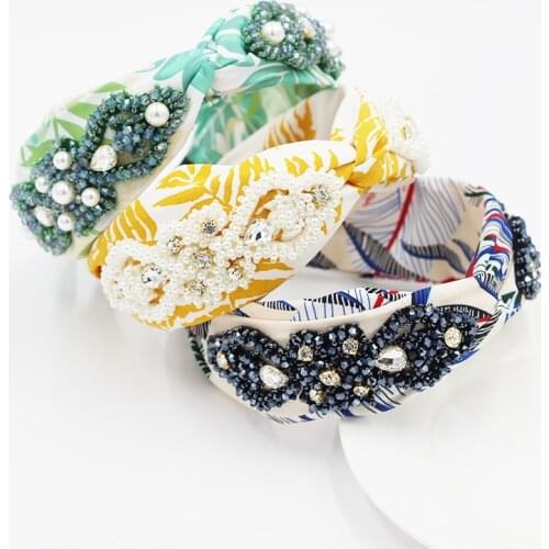 Rhinestone Hairband Leaf Printing Cross Wide Side Headbands For Women Girls Hair Band Hoops Outdoor Travel Hair Accessories