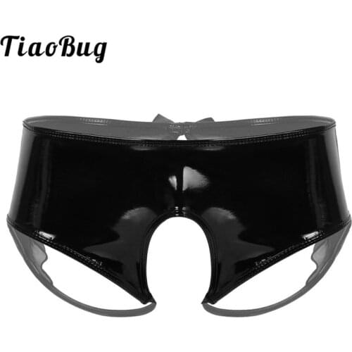 Hot Sexy Men Wet Look Black Patent Leather Underpants Open Crotch Underwear Sheer Organza Trim Crotchless Briefs Sissy Panties