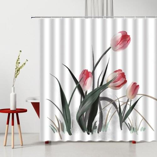 Pink Flower Shower Curtain Landscape Butterflies Waterproof Polyester Fabric Modern Household Products Bathtub Decor