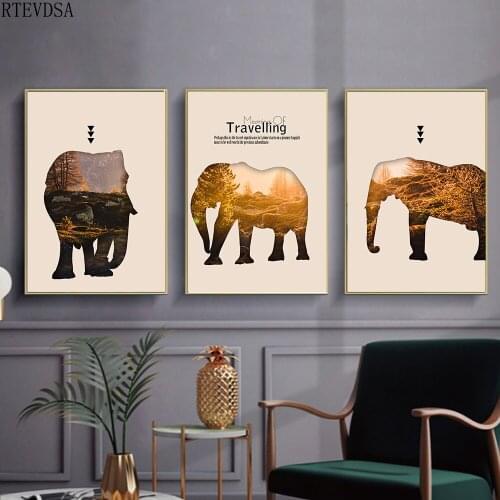 Nordic modern style tropical plants and elephant poster decoration picture frame modern wall art painting home decoration