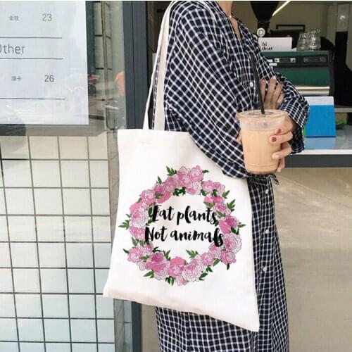 Eat Plants Not Animals Vegan Tote Bag Tote Bags Women Canvas Shopping Bags Vegetarian Flowers Printing Eco Friendly Handbag