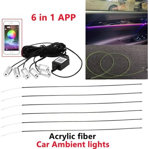 6 in 1 RGB LED Atmosphere Car Light Interior Ambient Light Fiber Optic Strips Light by App Control DIY Music Acrylic Fiber Optic