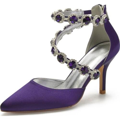 Ladys Pointed Toe D'orsay Silk like Satin Evening Dress Shoes with Twisted Strap big Stone Crystals Bridal Wedding Party Pumps