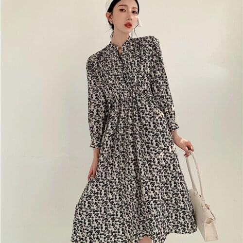Spring V-neck Floral Print Dress Autumn Vintage Long Sleeve High Waist A Line Dress Korean Fashion Clothing